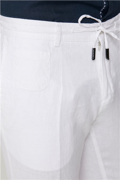 Beli Lastikli Beyaz Keten Pantolon