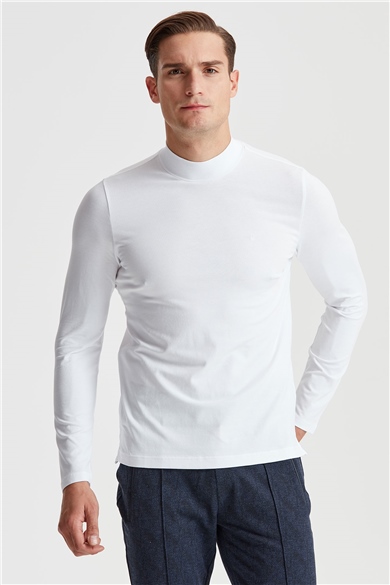 Beyaz Yüksek Yaka Pamuk Sweatshirt