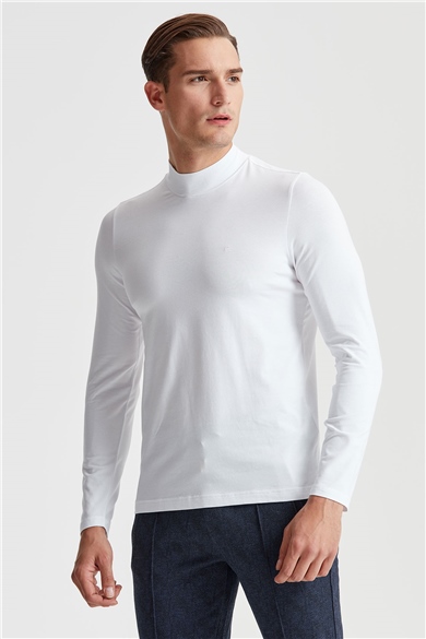 Beyaz Yüksek Yaka Pamuk Sweatshirt