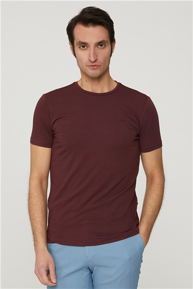 Sıfır Yaka Bordo Basic T-Shirt