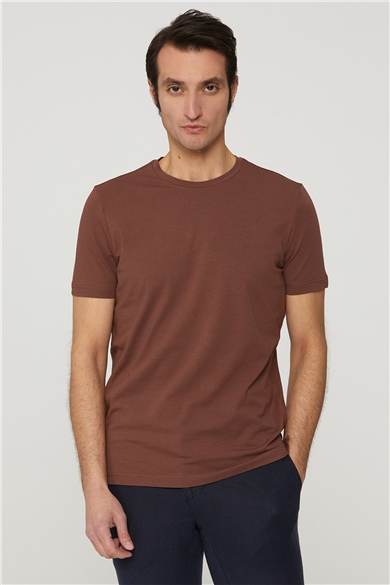 Sıfır Yaka Kahverengi T-shirt