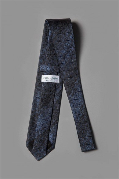 Siyah İşlemeli Mavi İpek Kravat
