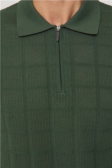 Yeşil Renk Fermuarlı Polo Yaka Triko